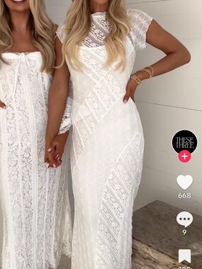 White Lace Midi Dress with Cap Sleeves